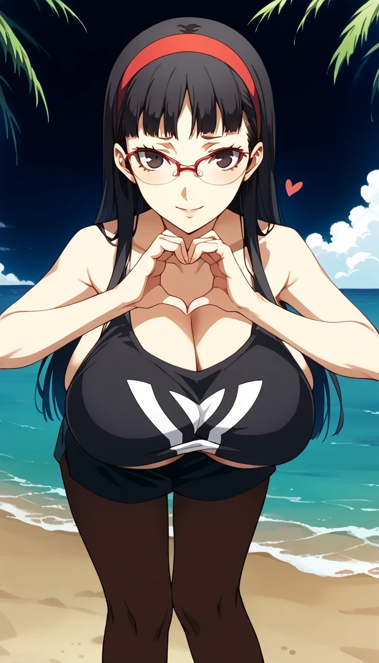 (anime cels style, megami magazine, poster style, best quality, high resolution, sharp image, 8k, photorealistic), (beautiful eyes, beautiful face), Konori Mii, glasses, (black medium hair), blush, (huge breasts), blue bikini, (cowboy shot, standing), simple background, (perfect dateled anatomy, perfect body, perfect arms, perfect fingers, shiny skin)