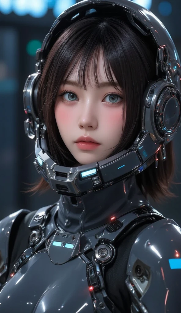 Highest quality, masterpiece, Ultra-high resolution, masterpieceハイパーリアリズム、Photorealistic、Beautiful Humanoid, Realistic Skin、Light brown short hair、Smile、 Realistic details、Intricate decorative details, Very intricate details, Neon Details, Circuit boards and light-emitting elements、 Precise construction、 Cold, mechanical beauty、Bioluminescence、optical fiber、Arafed Cyborg with high resolution white plastic details、High-tech control room inside a spaceship、
