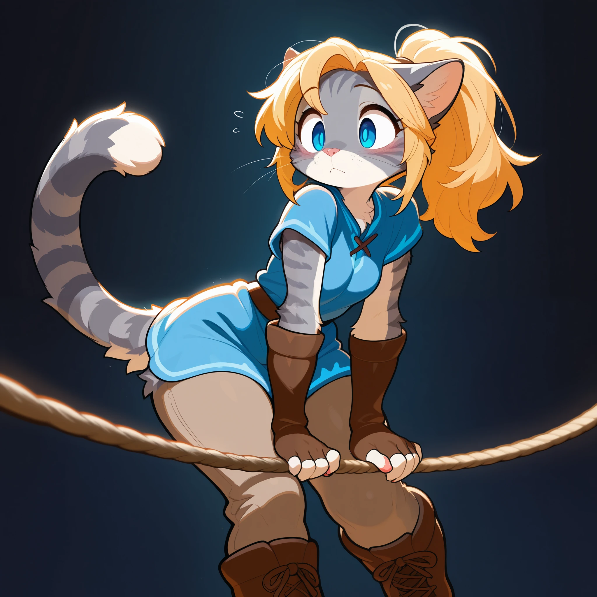 masterpiece, best quality, amazing quality, high resolution, absurdres, newest, furry, anthro, countershading, solo, katxl, Anthro furry feline, blue eyes, grey striped fur, blonde ponytail, spikey hair, slender body, pink nose, whiskers, small breasts, striped cat tail, wearing blue tunic, brown fingerless arm length gloves, brown pants, brown boots, she is holding onto a tightrope with her hand, she is hanging off of a tight rope with her hands, , gradient blue background, she is struggling,
