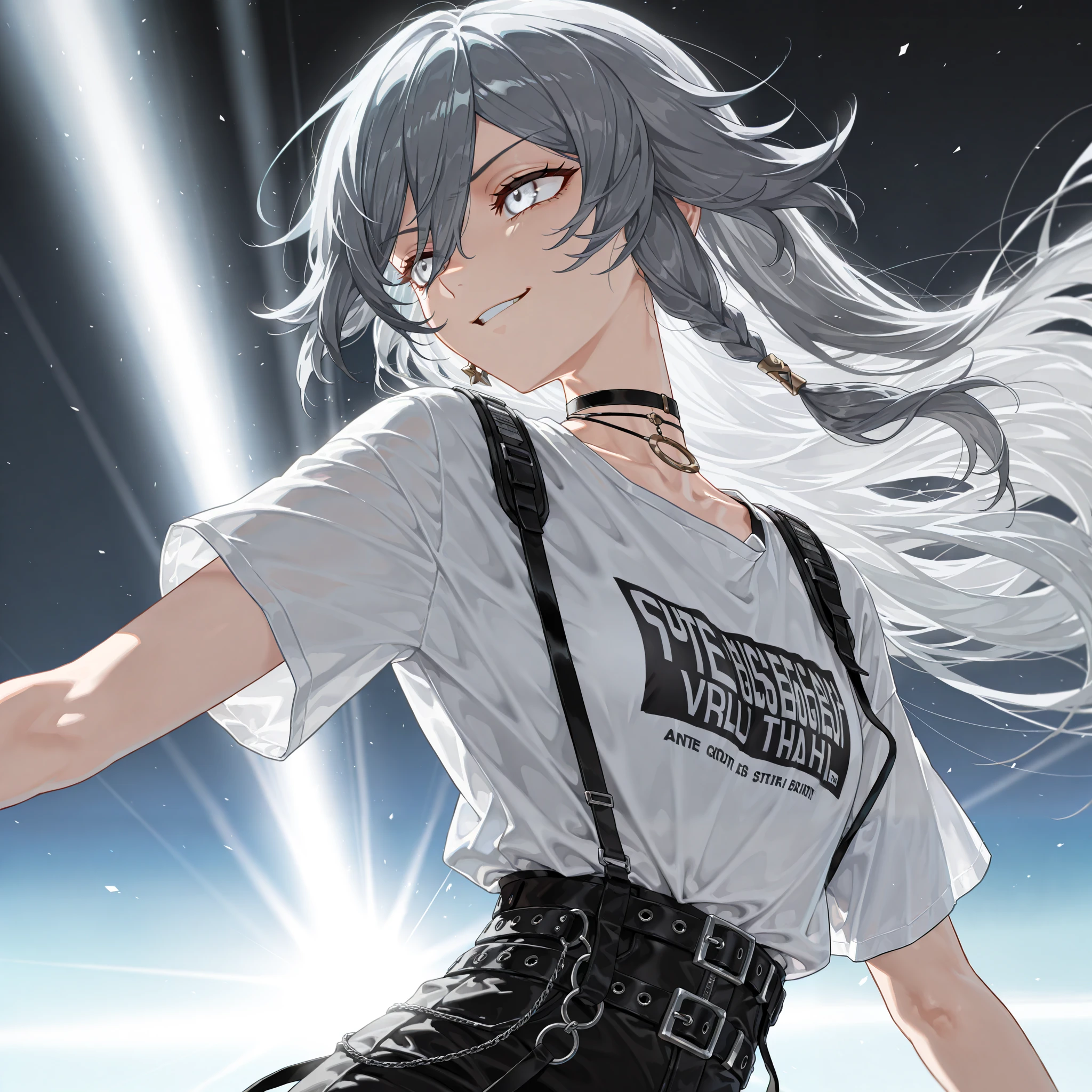 by [arknights|(748cmstyle:0.5)], god rays, cinematic shot, mature, young adult, masterpiece, best quality, amazing quality, very aesthetic, high resolution, ultra-detailed, absurdres, 1girl, solo, alone,(dynamic pose, side eye, glare, upper body focus, dynamic shot, from the side, action shot, three quarter view, medium shot:1.2), FuHua, Fol005, Fh_Hos, fu hua, white eyes, braided hair, long hair, white hair, gray hair, smug, smirk, popstar, kpop idol, idol, bad-girl aesthetic, techwear, techwear pants, white shirt, belts, black choker, glitch art photo, BREAK, depth of field, volumetric lighting 
