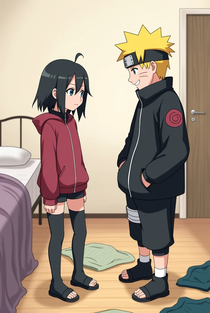 Boruto Uzumaki Hiuga(s)
Himawari Uzumaki Hiuga (s)
Scene
Boruto wakes up in the body of Himawari, his younger sister, his clothes fell off his black jacket was too big for his new body and it was the only thing that covered him since the rest of his clothes were lying on Himawari's bed, In front of him was Himawari on Boruto's body with a mocking smile about to give him a small blow