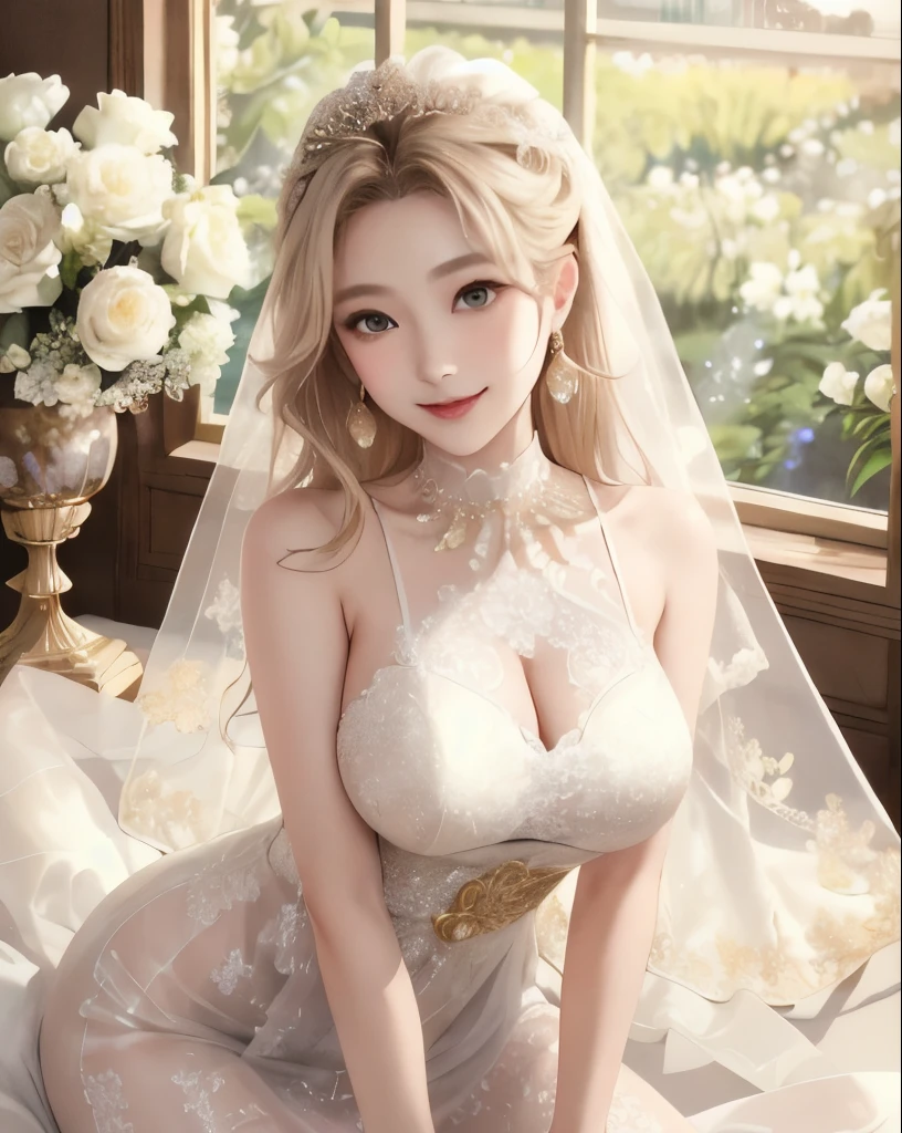 ((Highest quality))、((Very detailed))、(Huge breasts:1.4)、(Wide Hips:1.2)、20-year-old、(Detailed eyes:1.3)、Beautiful body lines、(Random gravure idol poses)、Platinum Blonde Hair、(Pink Wedding Dress:1.4)、garden、wedding、Detailed embroidery、Selfie、Bouquet of flowers、smile、bless、From below