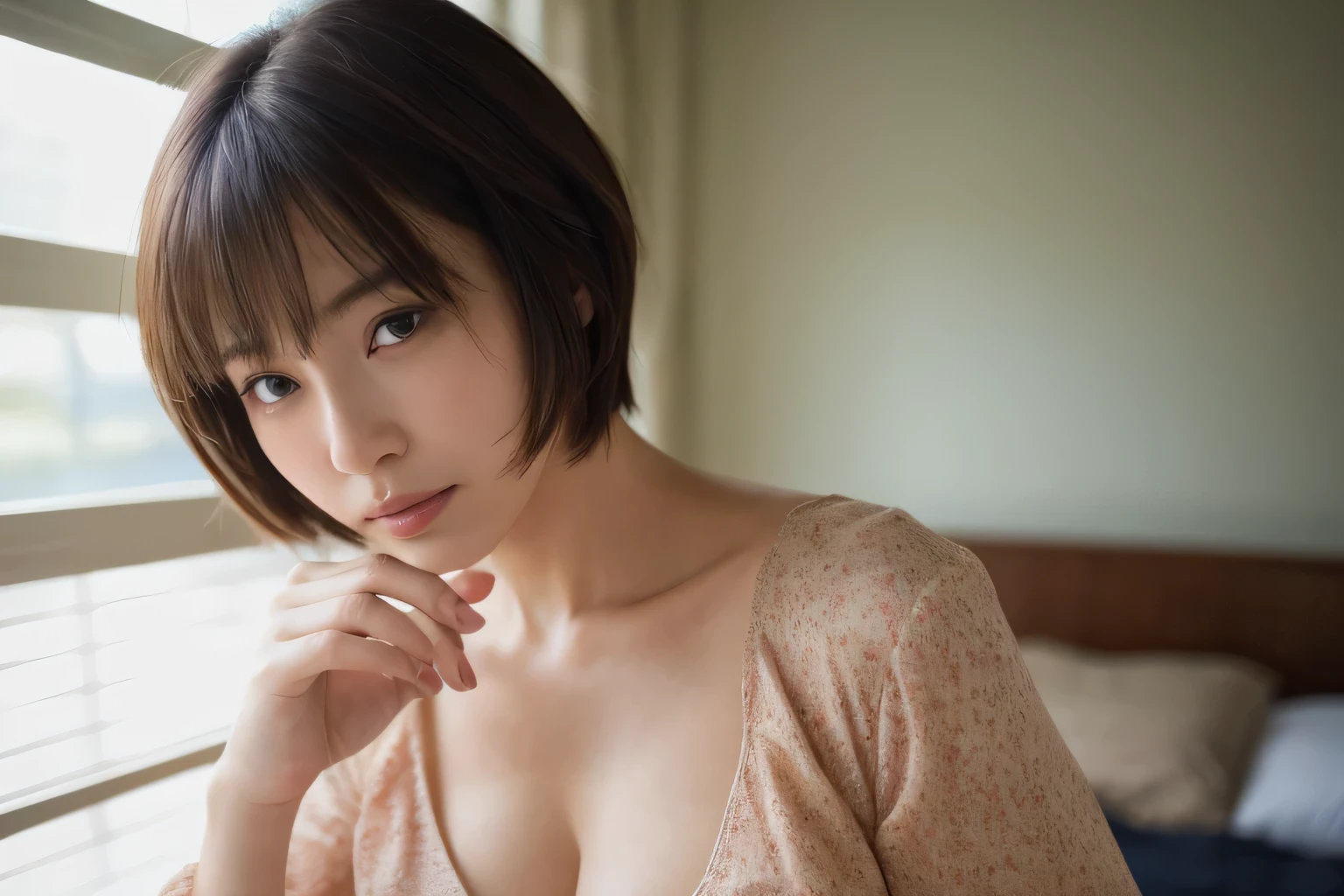 masterpiece、Highest quality、High resolution、Tabletop、wallpaper、Realistic、Bright lighting、Professional Lighting、Face Light、Smooth lighting、Japanese women、Adult female、Beautiful woman、、Modeled、gravure、sexly、so beautiful、Beautiful Skin、Beautiful and exquisite、Detailed face、slim、Large Breasts、Cleavage 、short hair、Brunette colored hair、Brown eyes、Japanese Kimono、Japanese Yukata、(Eyes closed:1.5)、(Expression of enduring pain:1.5)、(Expression of enduring pain:1.5)、In a crowded train、The man is in front of the woman、He has his face close to the woman's chest、