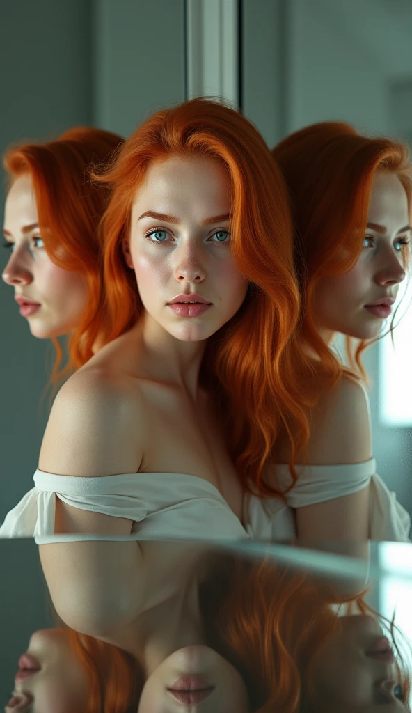 Photo d'une jeune fille redhead prenant un selfie dans sa chambre, striking a very sexy pose with her phone in front of her mirror. Elle est de corpulence moyenne. Le miroir est équipé de LED blanches. She is dressed. She is wearing a t-shirt,face is visible,skin texture,skin pores,8K image,large breasts.
