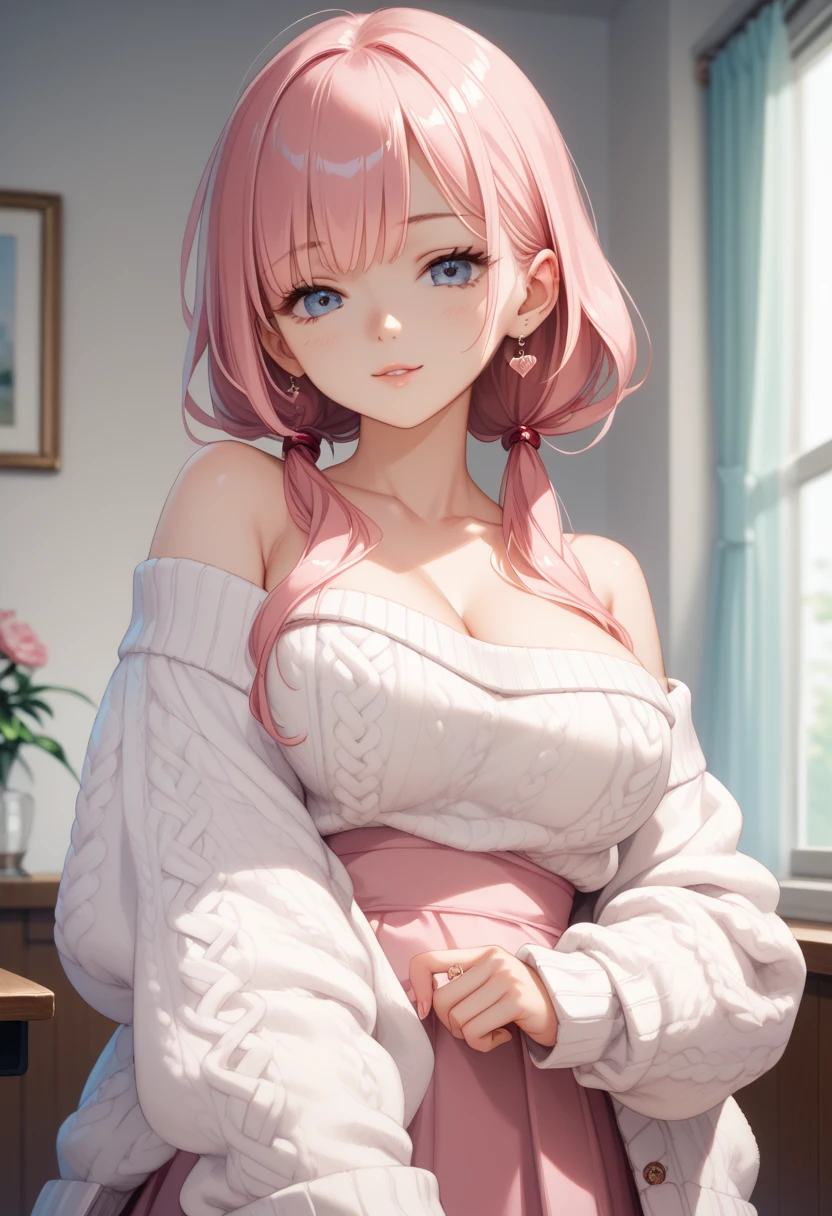 top-quality、Top image quality、​masterpiece、girl with((18year old、Best Bust、big bast,Beautiful blue eyes、Breasts wide open, a blond、A slender,Large valleys、White sweater with open chest、White pants、hold a teacup with both hands)）hiquality、Beautiful Art、Background with((Nice and clean room.、pink floor mat、Wooden table、Stylish bed)))、,masutepiece、visualart、depth of fields、