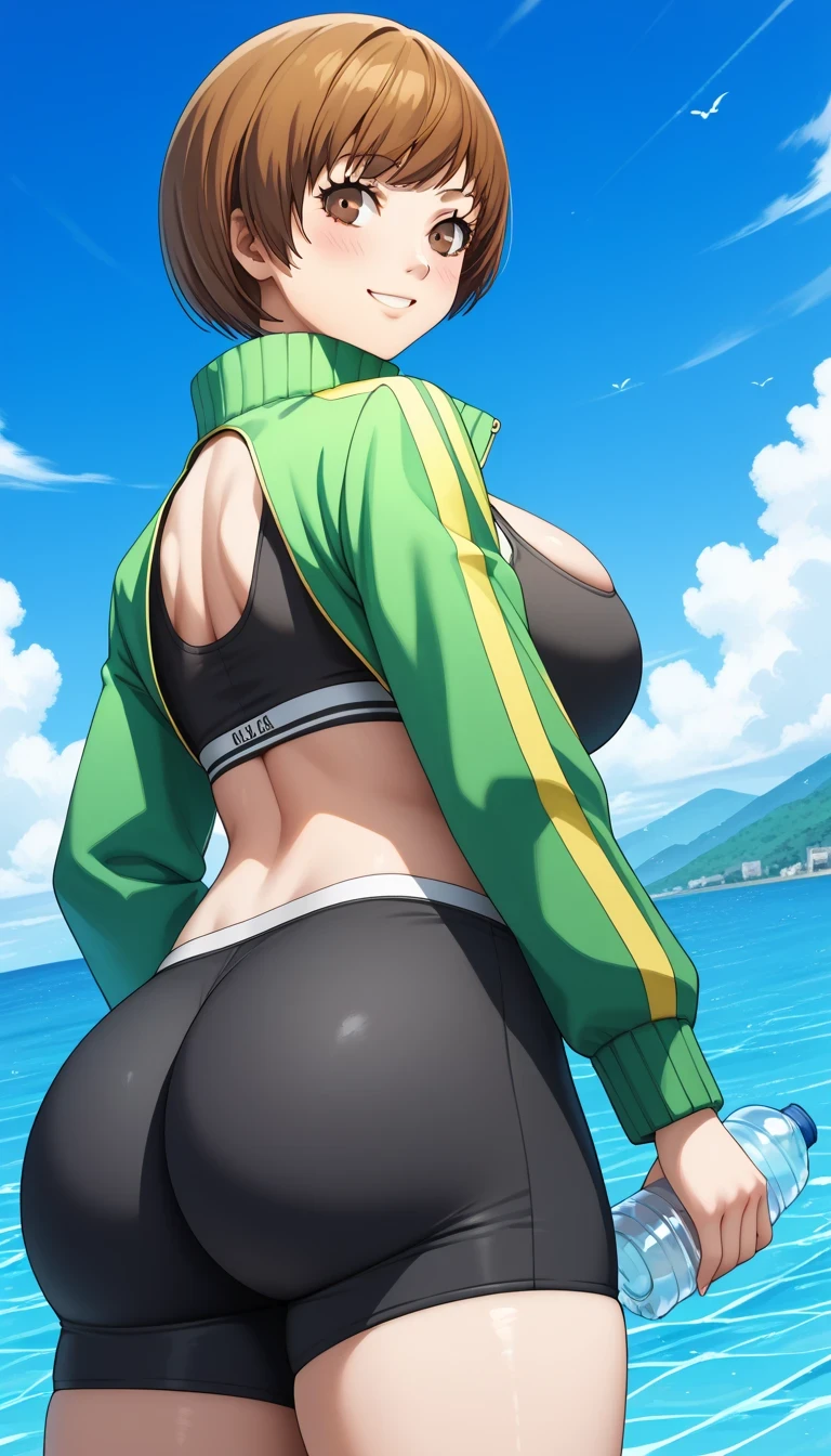score_9, score_8_up, source_anime 1 girl, solo, cute face, p4chie, satonaka chie, short hair, brown hair ,official art,s glossy skin, (black sports bra, black crop top, large breasts, cleavage), (bare abdomen, navel), black sports shorts, (smile, blush:1.1), (looking at viewer:1.2), ass focus ,big ass ,big breasts ,big butt, huge ass ,huge butt, looking at viewer looking back, thick, thighs, thighs, gigantic breasts,night cityhuge ass, motion blur, motion lines,ass twerk,wear green jacket ,open jacket,water bottle between breasts,view from below,dynamic angle