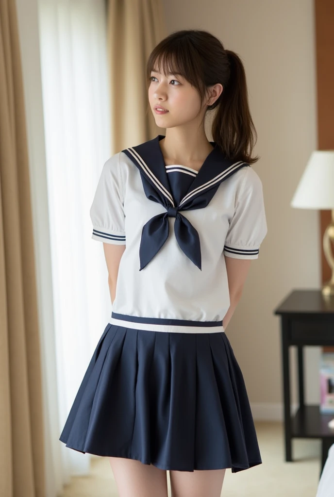 (((cowboy shot))),Ultra-high resolution,big eyes,(brown eyes),Japanese,(forehead),(a girl),(1 girl),(()),(cute),pretty,((facing at viewer)),grin,(((white school sailor uniform))),pleated skirt,(sitting),(thick thighs)