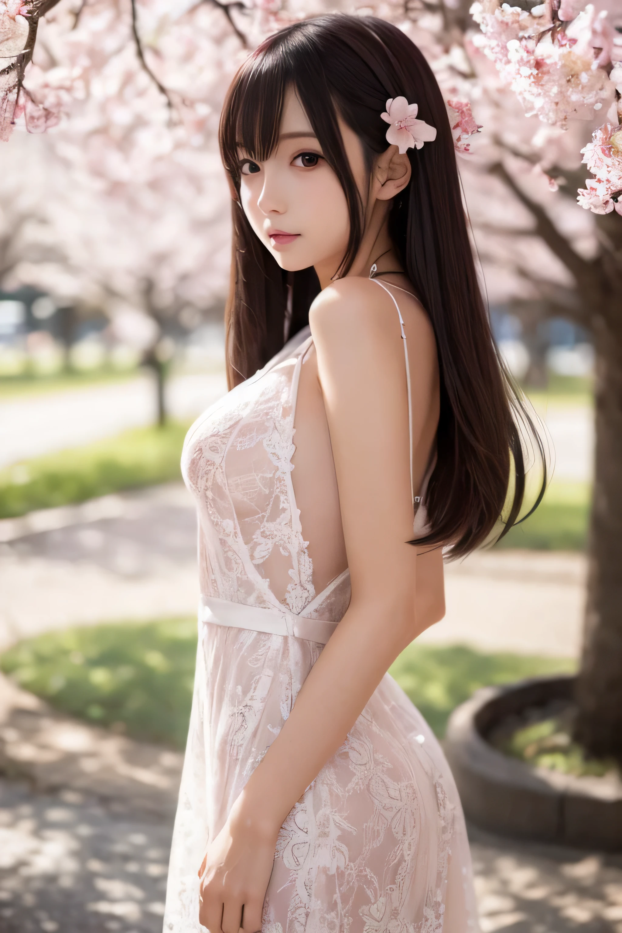 (logo、masterpiece、8K、table top、Raw photo、wonderful、最high quality、フォトリアリスティックでvery detailedな CG 統合 8k 壁紙、high quality、very detailed、narrative poem、particle effects、dynamic effects、Depth of the bounds written、cinematic light、Lens flare、ray tracing)、fantasy、 (1 beautiful woman、dress、dress、cherry blossom pattern、black haired、beautiful face、real face、beautiful details eyes beautiful skin)、髪がWindで踊る、Hair flutters in Wind、hair bounces、pink cherry tree、petals dance、SakuraFubuki、Spectacular view、sunrise、sun on background、Wind、