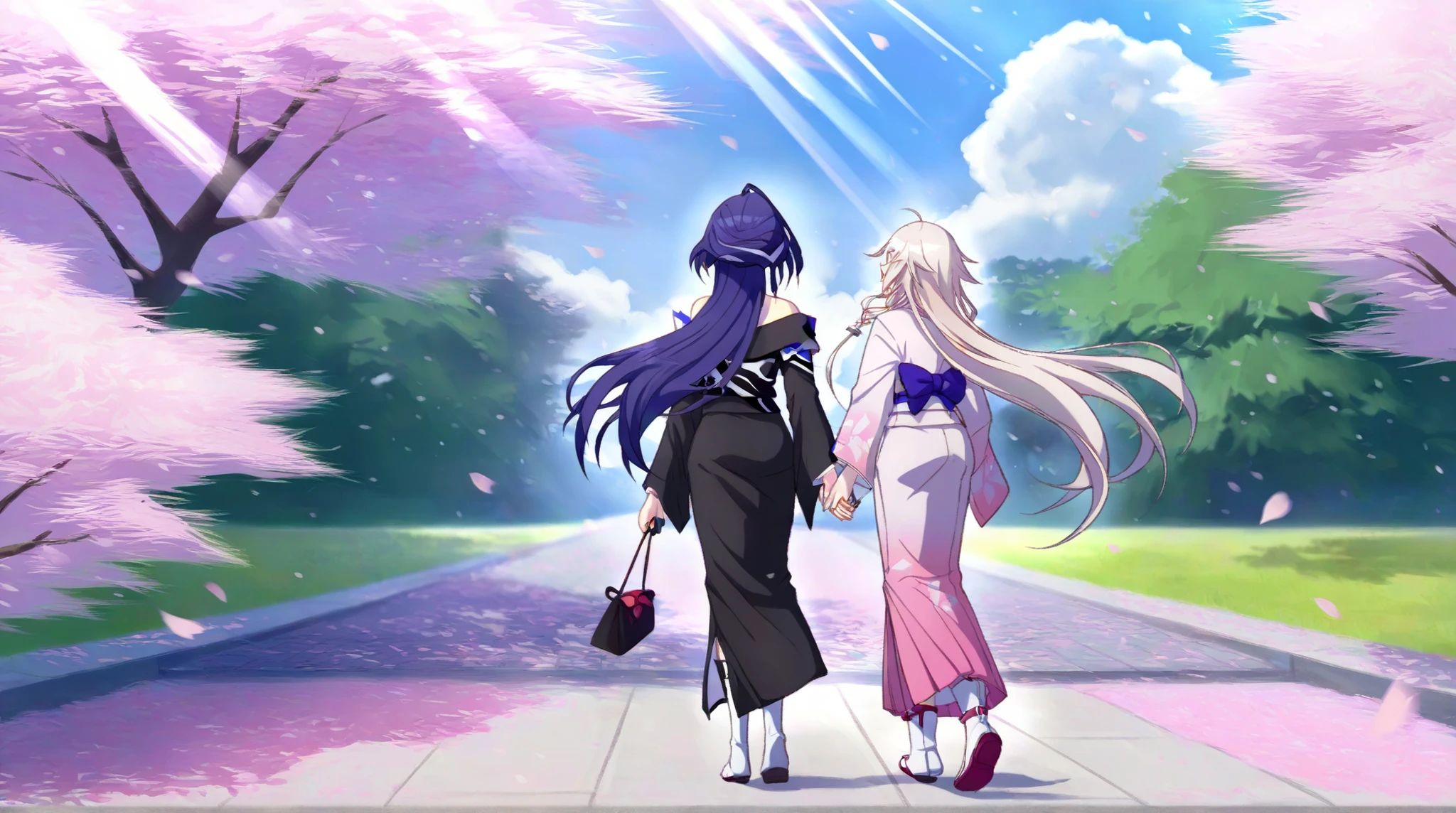 2girls, IA, Acheron, yuri, hand holding, walking, pathway, kimono, sakura petals, pink petals, sakura trees, (masterpiece), best quality, sunlight, happy, detailed