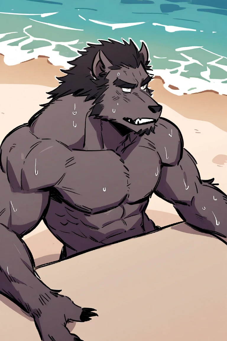 ((cel-shading, portrait, rear view, focus on butt, bright beach background, light color palette, global lighting)), 1boy, abs, bara, bare shoulders, suspended in midair, (black hair, body hair, copious luxuriant bushy far-reaching black chest hair, bushy black fur all over chest, hairier chest than possible), clothing cutout, cuffs, dark skinned male, thick facial hair, handcuffs, jewelry, large pectorals, (long bushy black sideburnale focus, mature male, medium hair, slim, muscular, muscular male, navel, pectorals, short hair, sideburns, solo, stomach, stubble, thick thighs, (((naked, tentacles combing his pubic-hair, tentacles rubbing his pubes, tentacles embedded in his groin, tentacle attack, carried by tentacles, restrained with tentacles, lifted by tentacles, sitting on tentacles, tentacles wrapped around his chest))), thighs, tight, watch, ((wolf, huge hairy groin, pubes, pubic hair, happy-trail, treasure-trail, copious luxuriant bushy far-reaching black nether-hair, very hairy snatch, wide landing strip coverd in pubic-hair)), expression of ecstasy, passionate gaze, wincing with pleasure