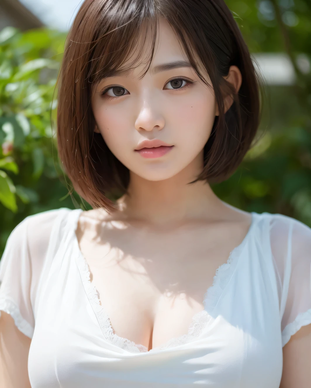masterpiece, highest quality, High resolution, wallpaper, Realistic, Bright lighting, Professional Lighting, Face Light, Smooth lighting, Japanese Girls, whole body, cute, sad, Open your mouth and say something, shy, beautiful girl, gravure, sexy, so beautiful, Beautiful Skin, Beautiful and detailed、Detailed face、slim、Moderate, short hair, Brunette colored hair, Brown eyes, View your viewers, Summer Dresses, Morning sun shining through a misty forest path.Cleavage,