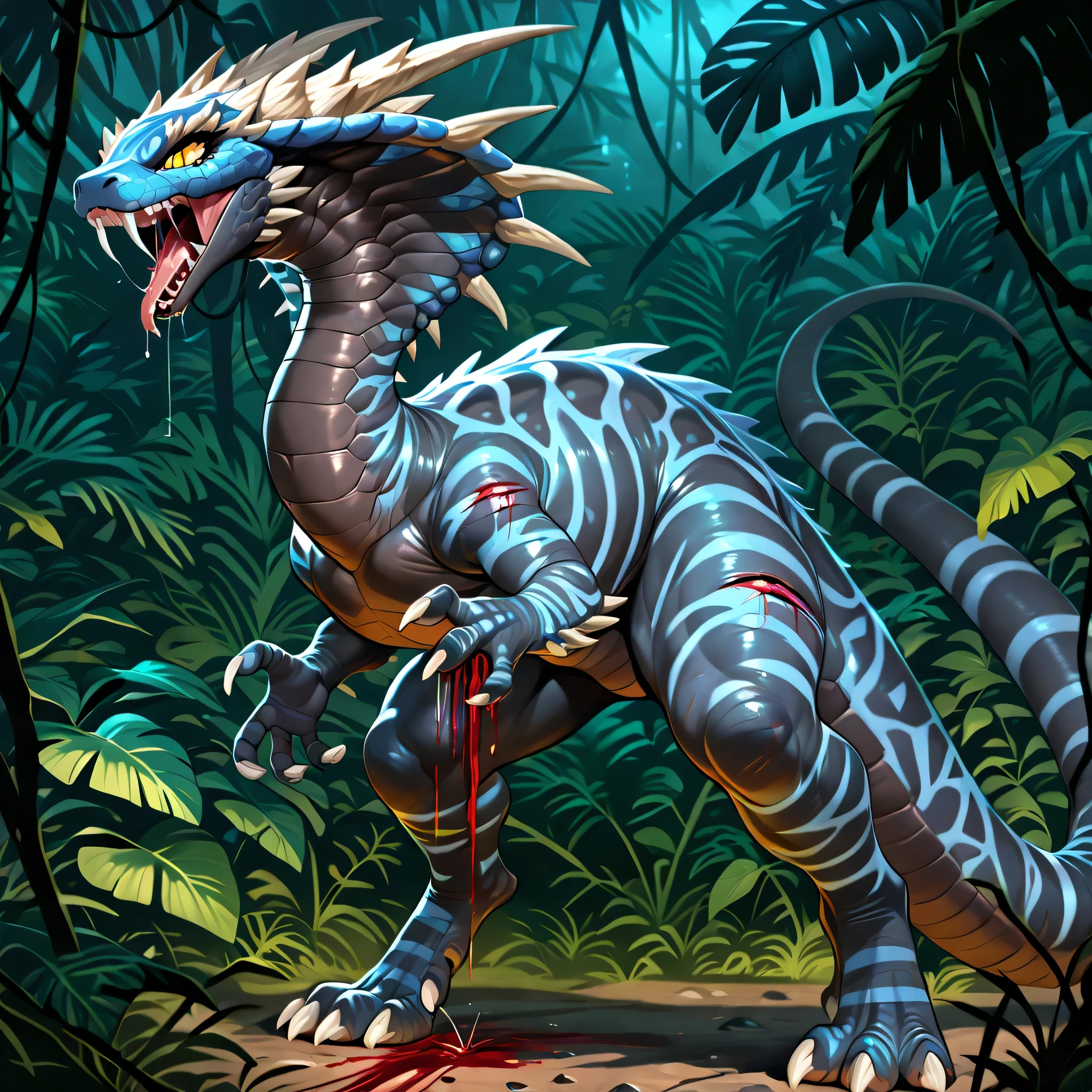 masterpiece, best quality, anime style, anime shading, full body picture, centered, alone, solo focus, female dinosaur, (cobra), monstrous body shape, ((vertigo)), yellow eyes, black scaled body, dark grey striped body, white claws, (horns:1.2), (fangs), digitigrade legs, ((in a jungle at night)), ((wounded, bleeding)), stabbed with many small arrows)), ((tired, wincing)), ((claw marks)), saliva, score_9_up, score_8_up, score_7_up, score_6_up, score_5_up