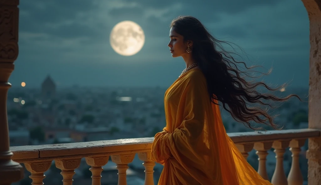 A realistic beautifull Pakistani pathani girl standing at balcony and watching a full moon at night time along with village background