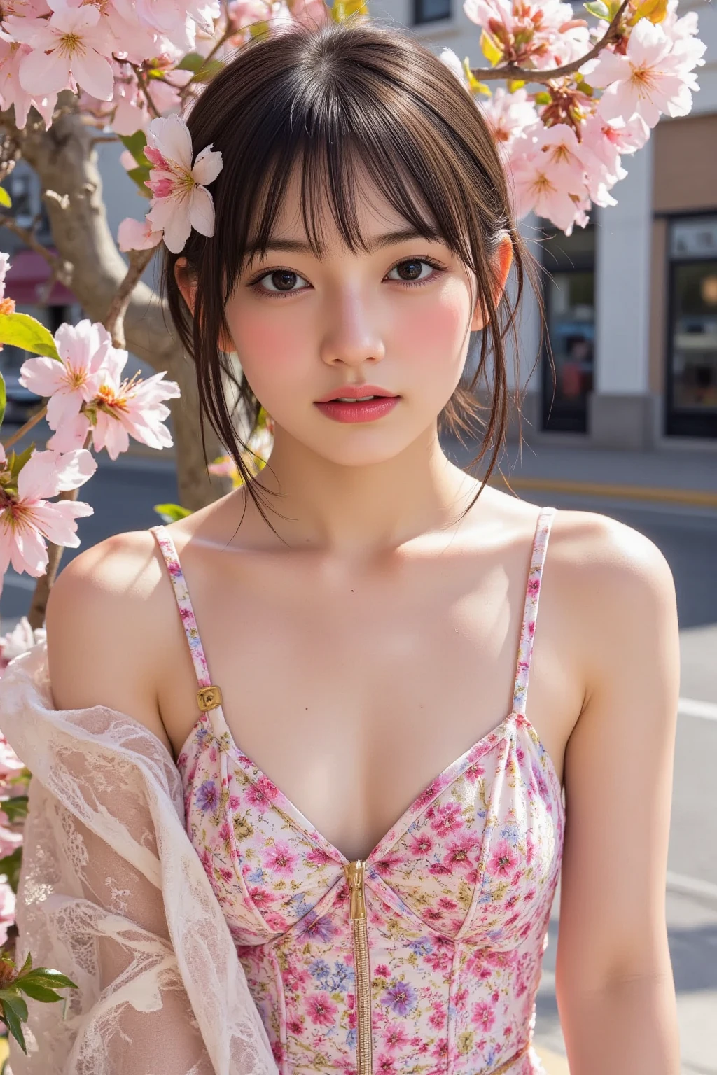 (extra detailed body、extra detailed face、best qualtiy:1.2)、femele、looking at the viewers、(pink bra、JINS)、(pink bougainvillea chaos in the background:1.4)no bangs, double eyelids,black hair, (Small Breasts)