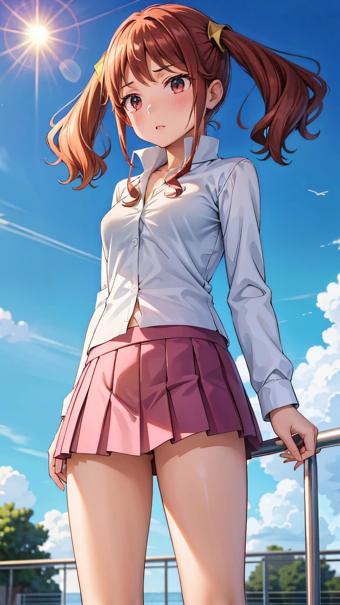 (super quality,ultra high resolution,16k,Super Masterpiece,Ultra HD ,detailed shading and background,)taken from below,Sexy high school girl,twin tails,white shirt with cuffed sleeves,The Valley of the Chest,lattice pattern mini skirt,blue sky and sun visible background ,