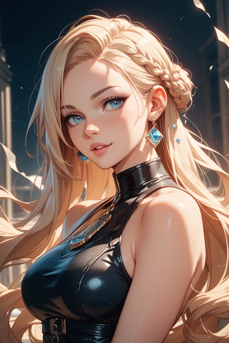 Realistic eyes, upper body picture, standing, beautiful lady, blonde long braided ponytail hair, dark eyeliner makeup, hyperdetailed photography, soft light, realistic eyes, hyperdetailed eyes, hyper realistic, 16k eyes in focus upper body, very high quality image, extreme details of realism, ultra definition, 16k UHD,  