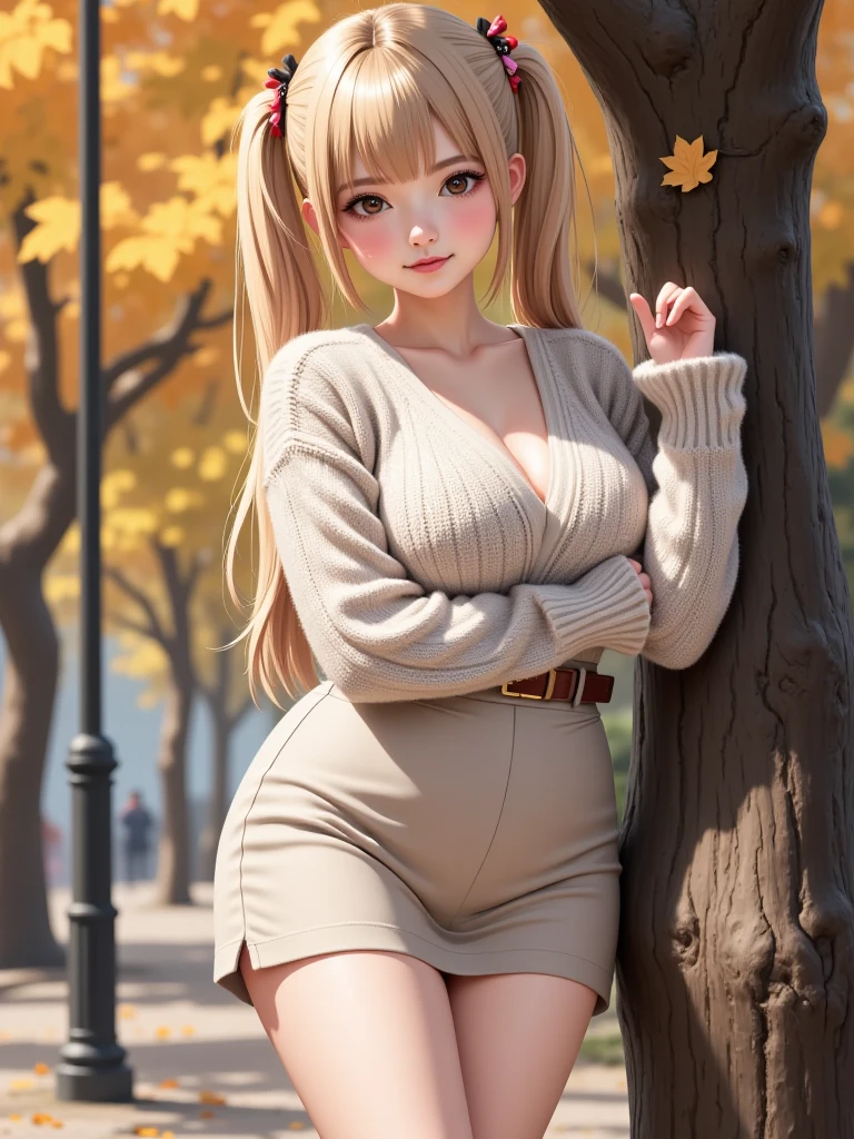 (8K, Raw photo, Highest quality, Tabletop: 1.2), High-resolution RAW color photos, プロの写真撮Shadow, Cinematic Light, (Tabletop: 1.5), (Highest quality: 1.2),More skin, express, Brown eyes, (Light brown fringe hair:1.2),Braided hair、Long-haired、(Photorealistic:1.4), Shadow、(Best image quality:1.0), (Ultra-high resolution:1.0), 8K, Raw photo, (masterpiece), (Purelos Face),Golden ratio face、Fine eyebrows、Detailed eyes、Detailed nose、Mouth details、 (smile: 1.2), ((Cleavage: 1.2)), (Beautiful big breasts:1.6), (black adidas tracksuit:1.5), (No good:1.5), (Bottomless:1.4), (View from the front:1.4)、(Autumn leaves park:1.5)