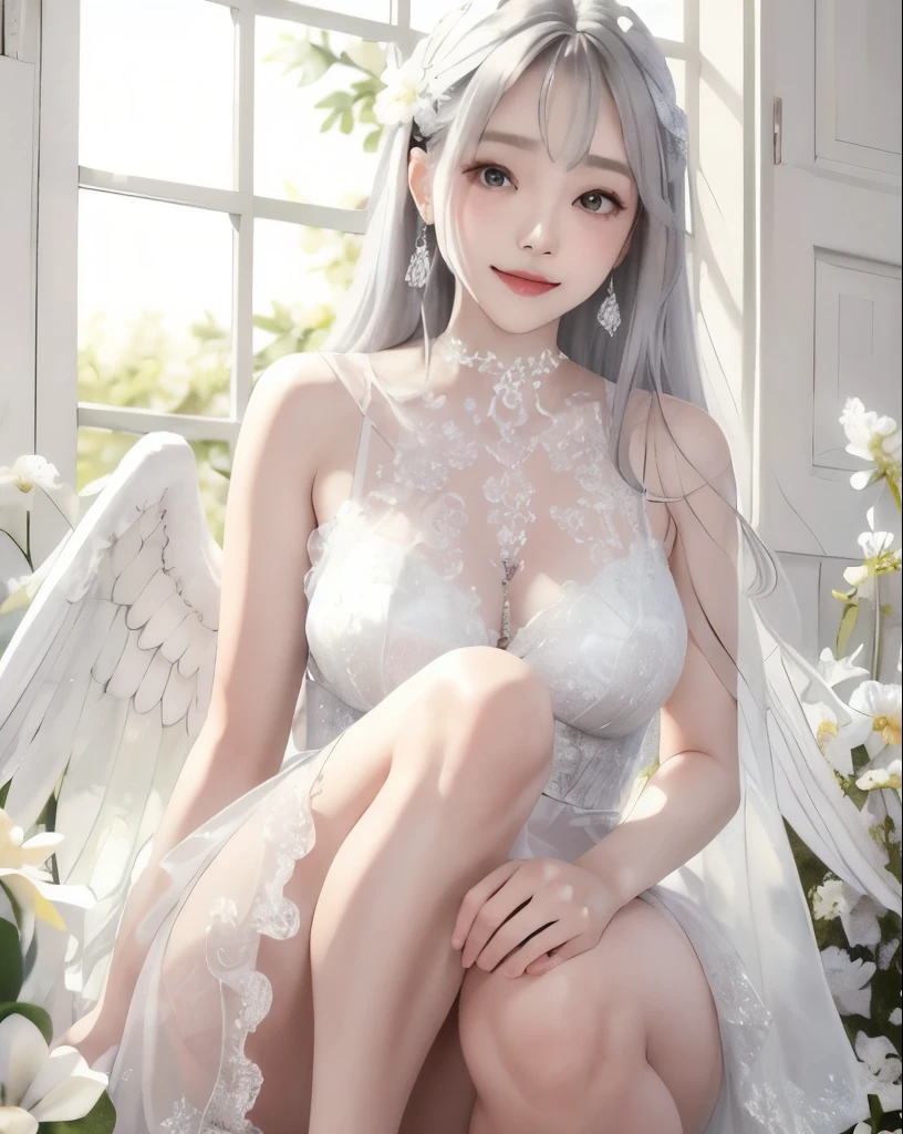 Two white wings from the back、classy girl、Face in the corner々Beautiful up to、japanes、White skin、Gentle expression、a smile、Women in Their 20s、high-level image quality、Top image quality、cute little、Background green lawn、blue-sky、The weather is nice、Facing the front、Wearing wedding clothes、Alone、Medium-sized breasts、White dress、being thin、Have sex appeal