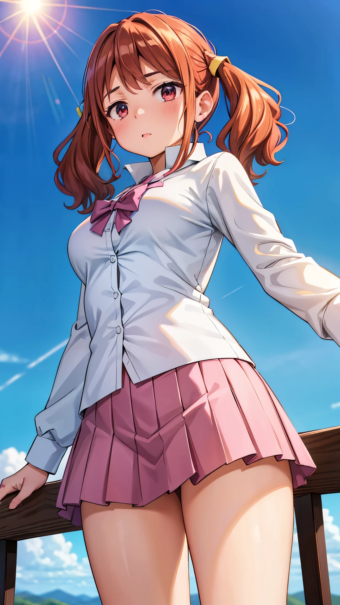 (super quality,ultra high resolution,16k,Super Masterpiece,Ultra HD ,detailed shading and background,)taken from below,Sexy high school girl,twin tails,white shirt with cuffed sleeves,The Valley of the Chest,lattice pattern mini skirt,blue sky and sun visible background ,