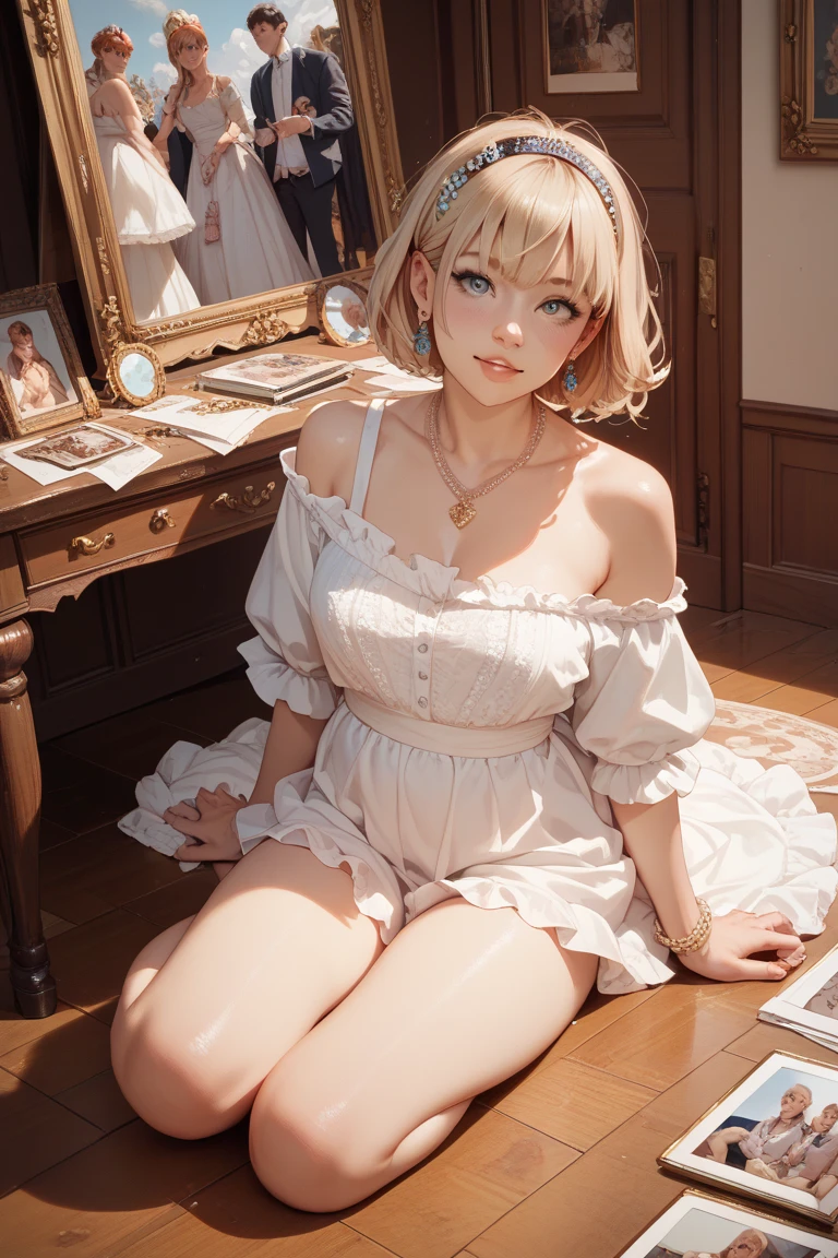 blonde, short hair, girl１, in the Living room, sofa,close up of face, completely nude, [[pale purple eyes]], (White nude apron:1.2),