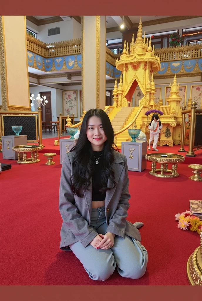 create a  and elegant snow-white outfit with a vent layer and rhinestones., Large sash and blue, , yellow and red, translucent neck. 