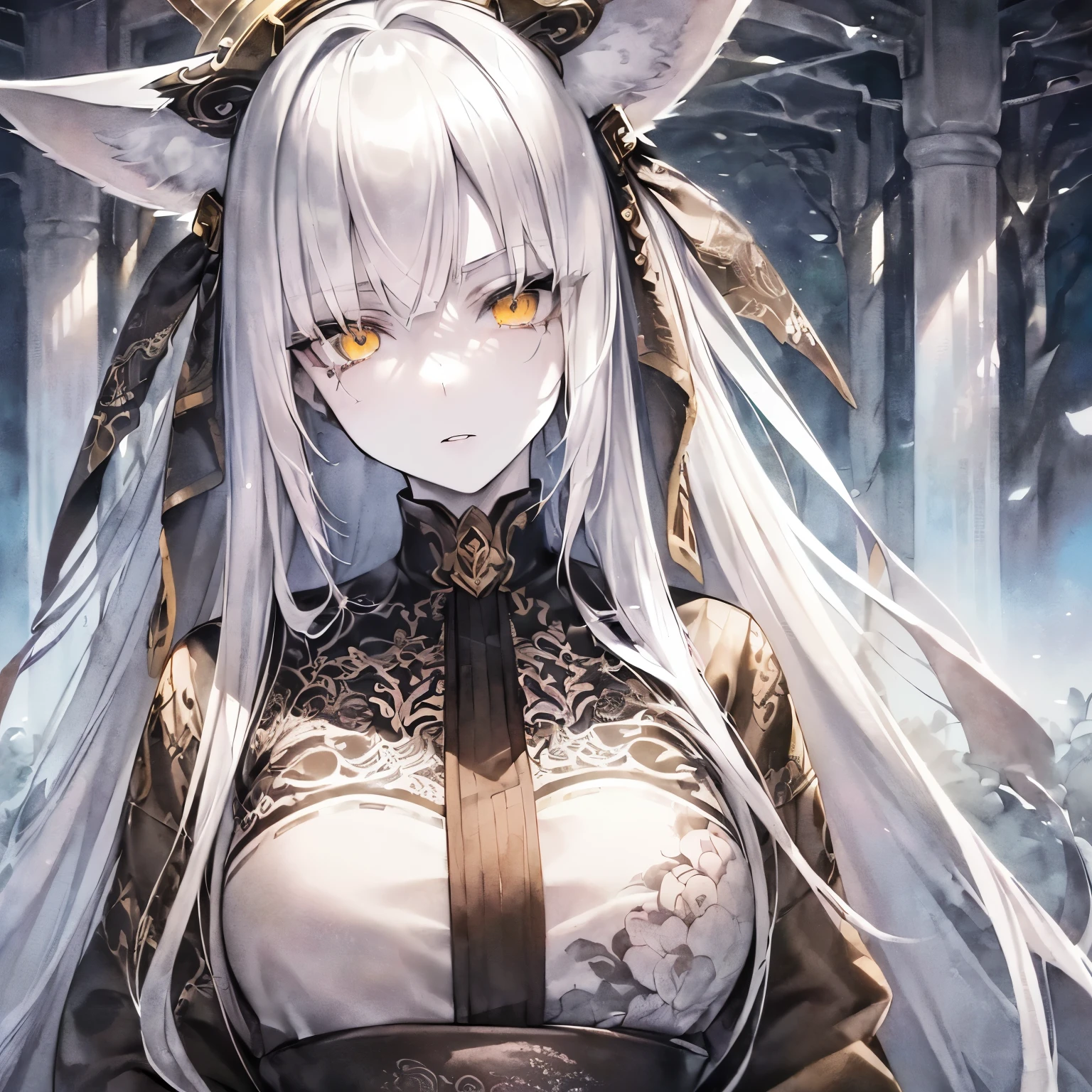 Wendingo girl, deer skull helmet, delicate features, shiny eyes, predator fangs skullpiece, dark druid