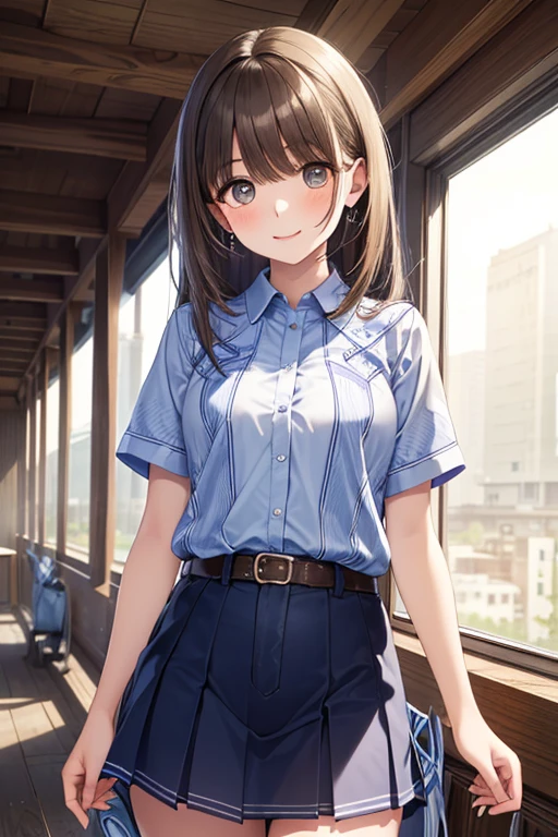 CG, unity, 8k, wallpaper, highest quality, masterpiece, 1 girl, haruka amami, flight attendant, cowboy shot, standing, looking at viewer, waving, (smile: 1.2), open mouth, navy blue uniform, tight short skirt, (thin pantyhose), thighs, best lighting, complex pupils, complex textile, realistic skin texture, detailed background, (at the airport), blue sky