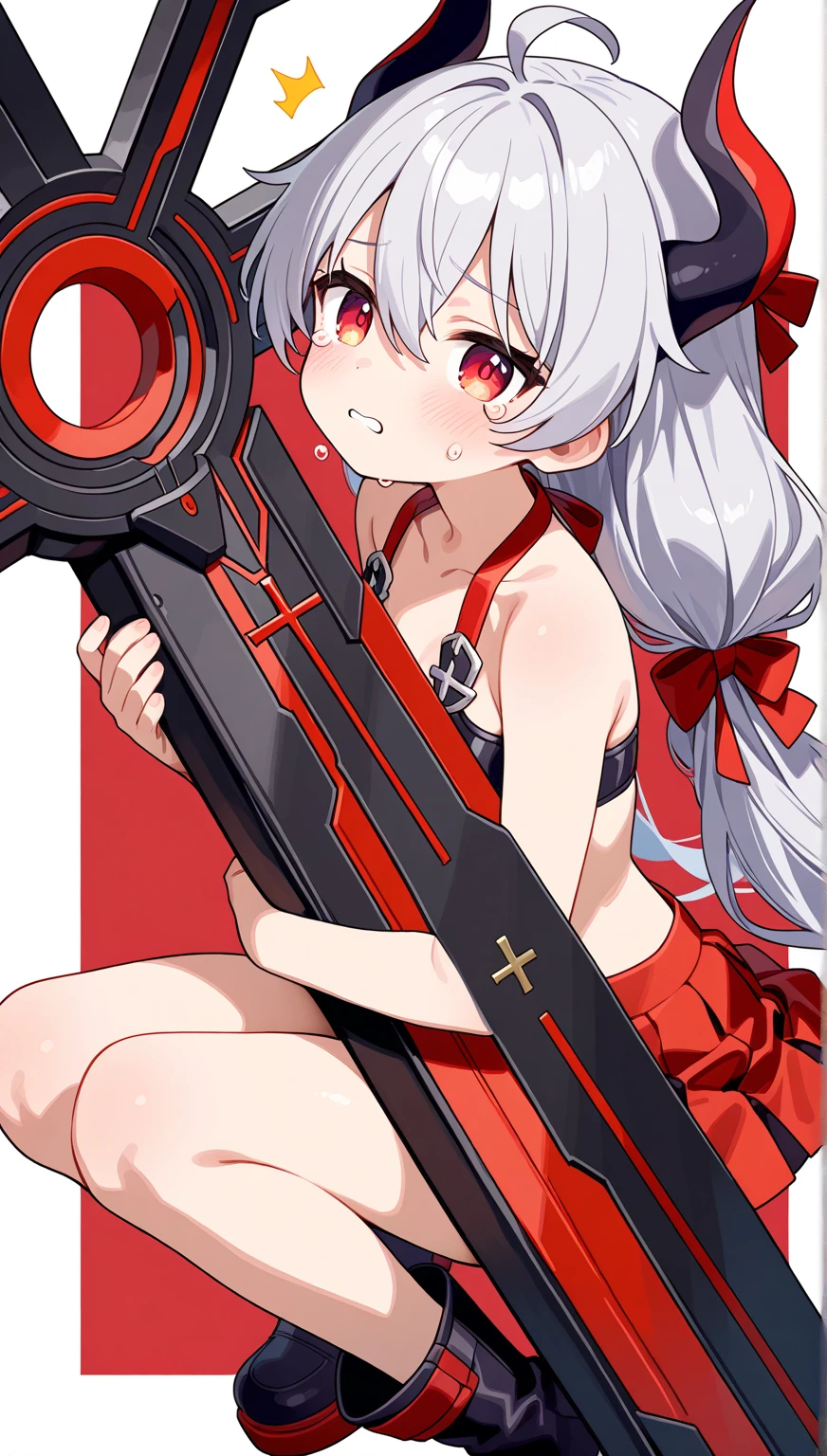 One girl,Fox Girl,Slit eyes,Silver Hair,Red eyes,Trimmed long hair,high school girl,Slingshot Swimsuit,Provocative laugh,Full Art,Sit by the pool,Possessing a water gun,Leg spread,pussy juice