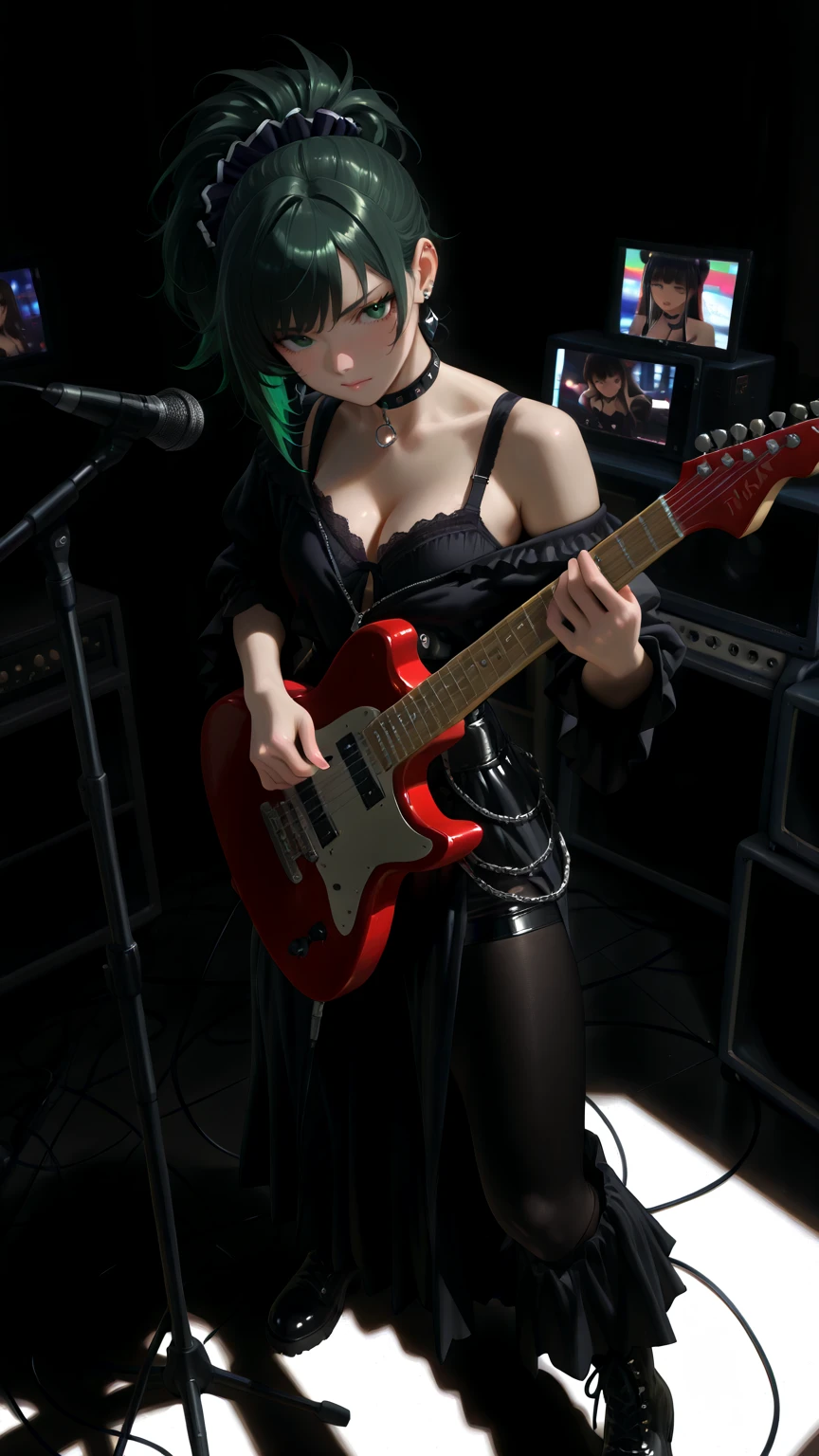 { 1girl, young funk rock star, singing on concert stage, (((playing electric guitar))), ((cowboy shot)) }, { }, { (neon glowing), (masterpiece), (absurd resolution), (best quality:1.2), (photo realistic:1.6), (Luminous lighting:1.3), (Chiaroscuro:1.3), (Immersive atmosphere:0) }, { (open mouth),eyes rolled up,(weeping),    (shiny skin),((slender body)),(big breasts:0),    (neon color hair, swept long funky hair style) }, { ((see-through)) skin-tight leggings, ((deep cleavage)), (camel toe) }