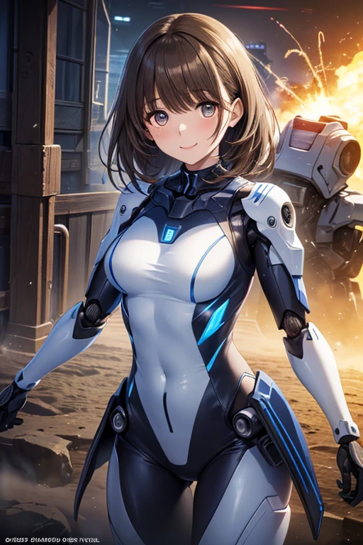 (masterpiece), best quality, high resolution, extremely detailed, detailed background, cinematic lighting, outdoor, 1girl, medium hair, medium breasts, mecha, bodysuit,