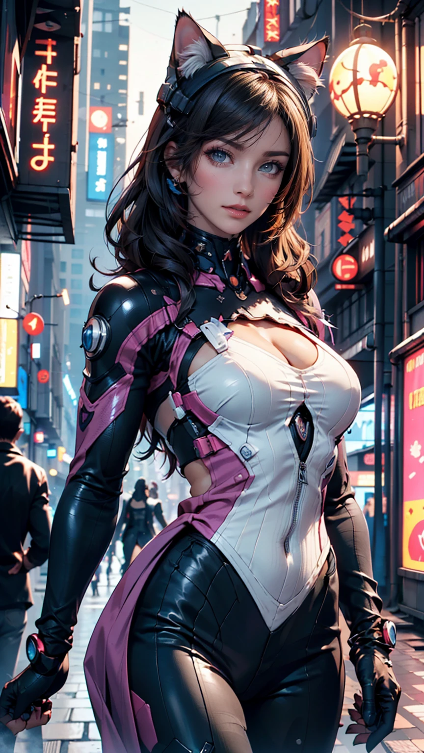 masterpiece , girl , Very long red hair , blue eyes , Slope , Perfect figure , ( Techwear:1.2) , cyber punk , future , Modern , in cyber punk city, Light Smile , Detailed face ,, , (8K, 最high quality 1.2), Super detailed, 8K Ultra HD,, Soft lighting, high quality, Film Grain, Beautiful lighting,, (Cinematic:1.4) ,Perfect body , Best lighting, Best Shadow, Sharpness, Contrast,