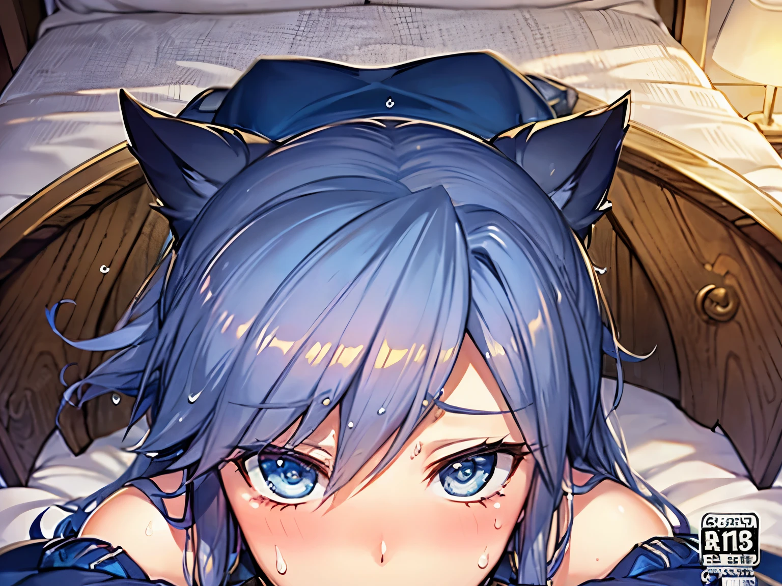 The old inn 、Kneeling in bed 、shot from above、Nina、breath of fire2, Gold、blue dress、pantyhose, black wings、face close up,(paizuri under dress)、(cover、sweat、sad、orgasm、sweat)