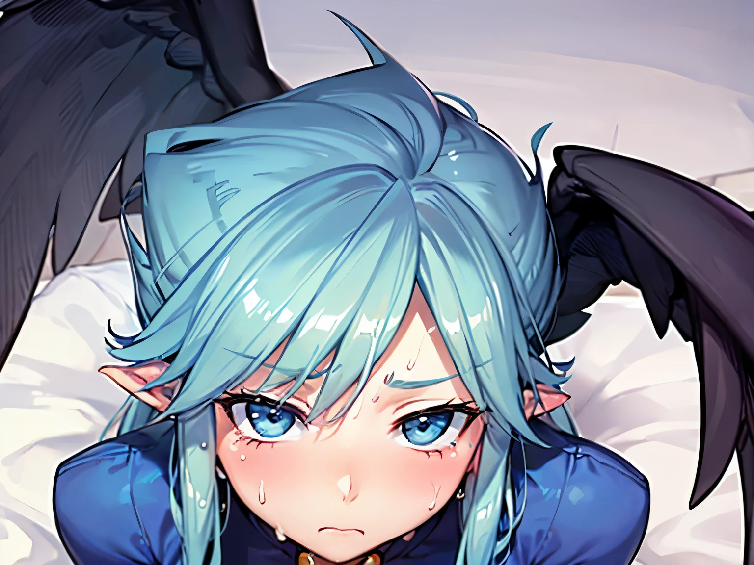 The old inn 、Kneeling in bed 、shot from above、Nina、breath of fire2, Gold、blue dress、pantyhose, black wings、face close up,(paizuri under dress)、(cover、sweat、sad、orgasm、sweat)