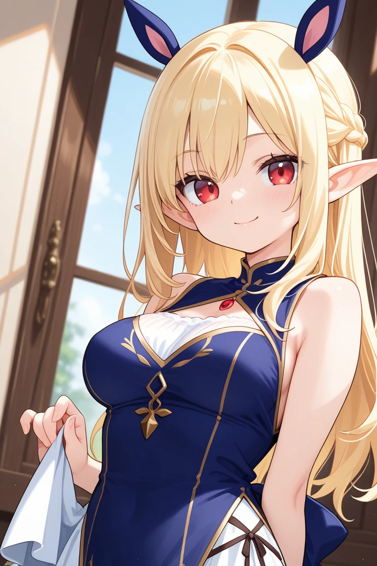 Half-elf in fancy dress, with sword, in a medieval fantasy tavern