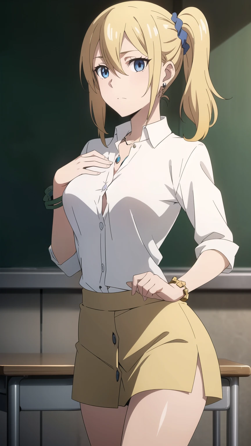 best quality, high resolution, 8K, anime art style, beautiful detailed eyes, extremely detailed face, soft expression, stylish pose, Angelica V4,1girl,solo,red eyes, (collared shirt, white shirt, necklace, jewelry, black sweater, cardigan, miniskirt,panties, classroom, cowboy shot), looking at the audience, in the center of the image, beautiful large medium-sized breasts, beautiful face, slim waist, appealing, soft lighting,Crossing your legs, Sitting