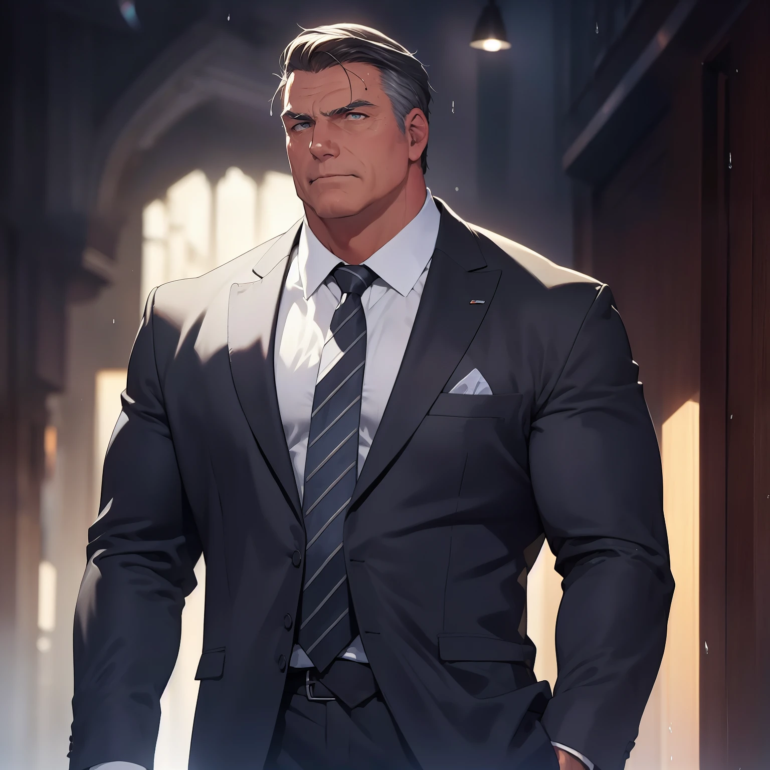 A handsome executive boss, very lascivious, imposing, Side view, below pov, hair, 50 years, short gray hair suit , thick grey beard, broad pectorals, huge pectorals, pose macho, wearing a tight wet formal shirt, formal pants, wet body, muscular pecs, well-defined muscles, Wonderful highly detailed masterpiece, beautiful cinematic light deep focus, elegant, Digital Painting, seeds, sharp focus, dramatic lighting, 8k