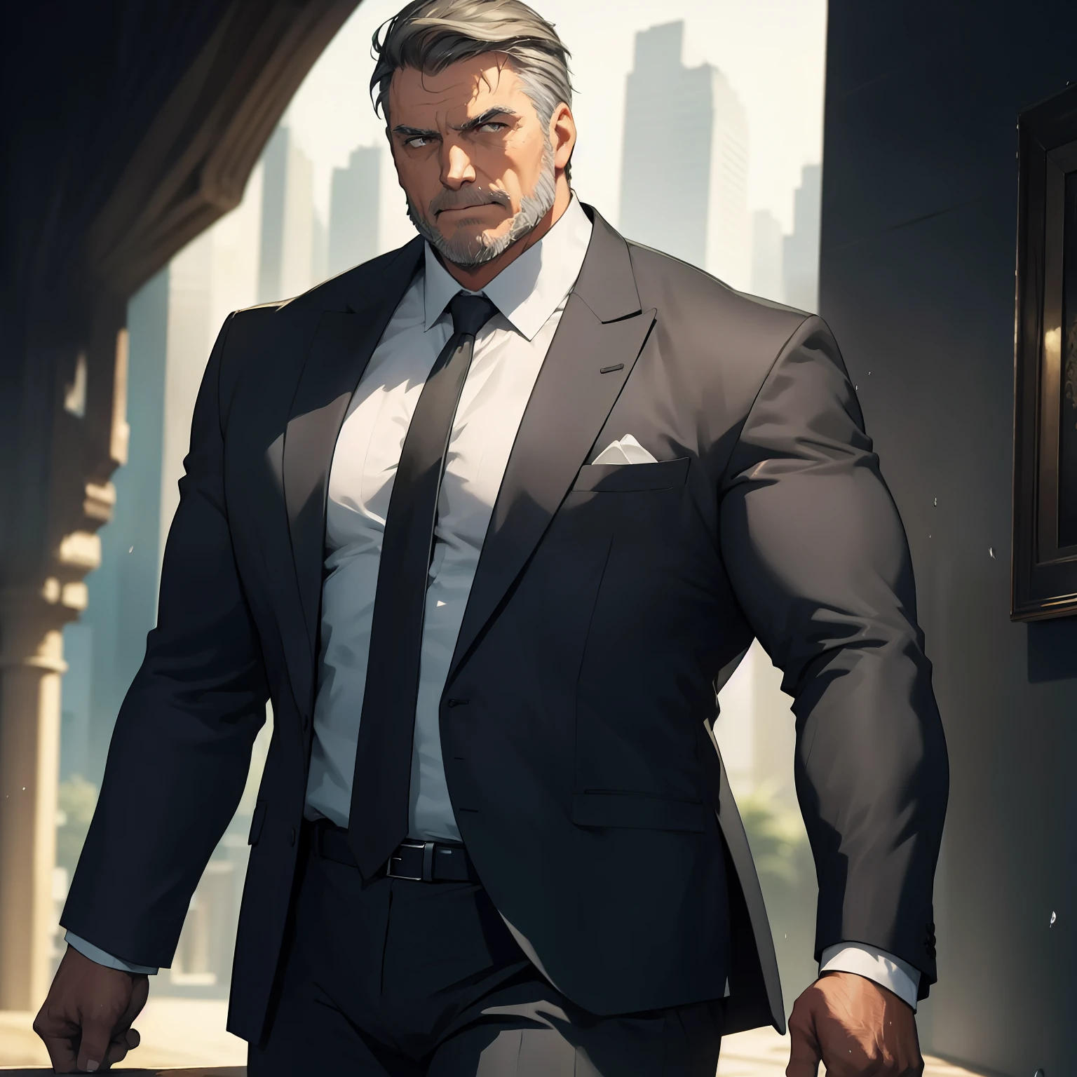 A handsome executive boss, very lascivious, imposing, Side view, below pov, hair, 50 years, short gray hair suit , thick grey beard, broad pectorals, huge pectorals, pose macho, wearing a tight wet formal shirt, formal pants, wet body, muscular pecs, well-defined muscles, Wonderful highly detailed masterpiece, beautiful cinematic light deep focus, elegant, Digital Painting, seeds, sharp focus, dramatic lighting, 8k