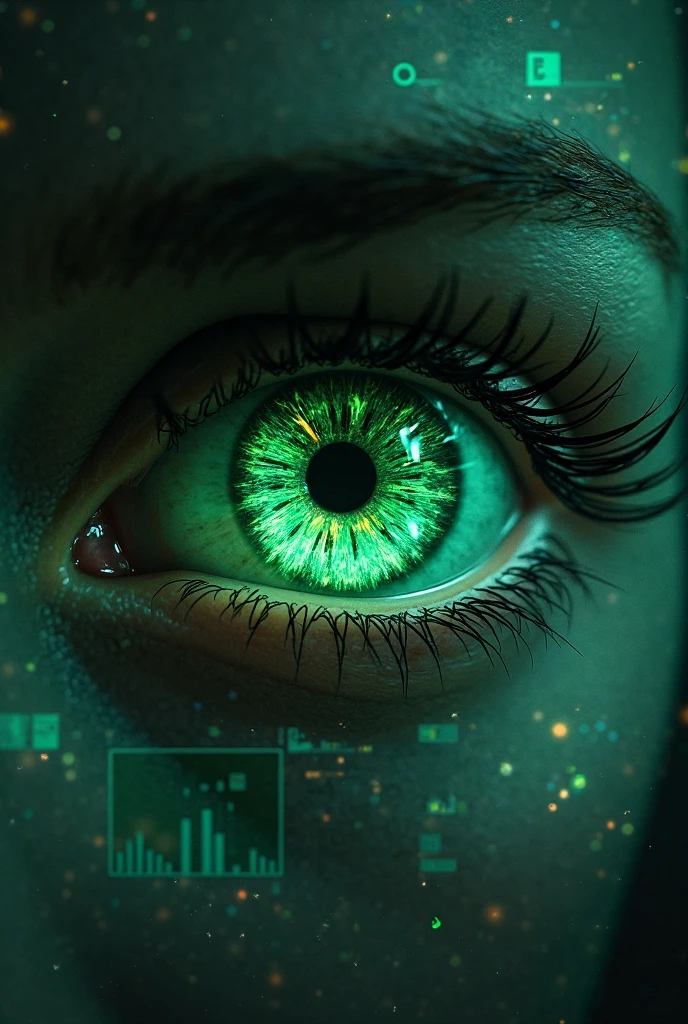 Green digital iris rounded eye made on computer codes cast in cyberspace surrounded by binary numbers, yellowish color image, 4k,
