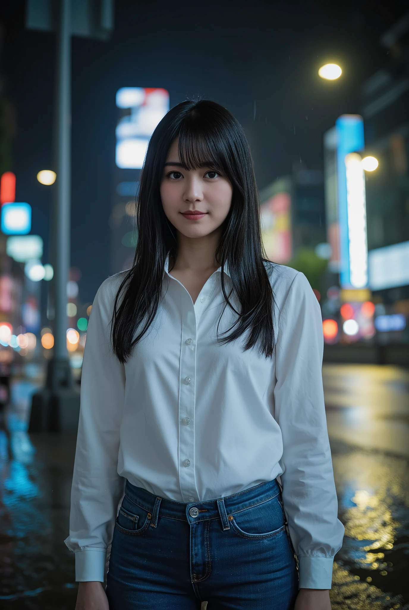 (mature adult woman wears a1By people),beautiful black hair,super straight hair,With bangs,long hair, realistic person images in dark waters,Realism,Best Quality,mastepeice,best quality,Highest Image Quality,highest resolution from vagina,fine details that are glaring at me,Beautiful detailed face,black eyes,((realistic skin quality)),((It rains in the downtown area late at night)),detailed background,( accurate body),(perfect body),(((upper body))),((Realismのある肌)),(smile),((super big )),((large breasts)),((wear a wet white shirt and jeans)),(((it rains in the downtown area at midnight