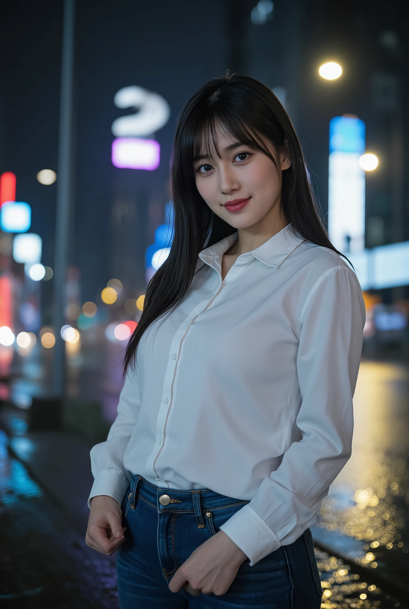 (mature adult woman wears a1By people),beautiful black hair,super straight hair,With bangs,long hair, realistic person images in dark waters,Realism,Best Quality,mastepeice,best quality,Highest Image Quality,highest resolution from vagina,fine details that are glaring at me,Beautiful detailed face,black eyes,((realistic skin quality)),((It rains in the downtown area late at night)),detailed background,( accurate body),(perfect body),(((upper body))),((Realismのある肌)),(smile),((super big )),((large breasts)),((wear a wet white shirt and jeans)),(((it rains in the downtown area at midnight