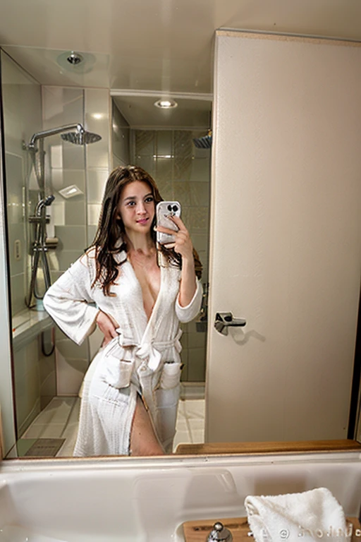 (best quality, masterpiece1.2), intricate detail, sexy woman, selfie from bathroom mirror, in a bathrobe, covered in a towel