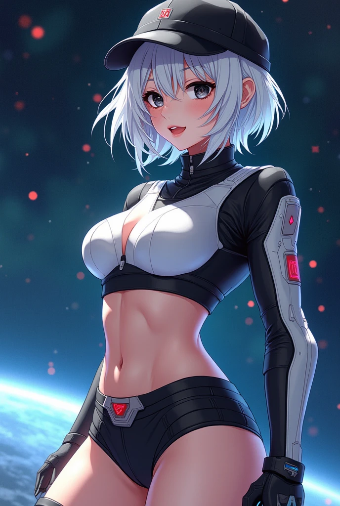 lucy \(cyberpunk\), 1girl, arm behind the back, looking at the viewer, asymmetrical hair, belt, bodysuit, covered mouth, covered navel, detached sleeves, grey eyes, hip vent, holding  an astronaut's helmet, at the moon, galaxy, Earth in the background, pouch, short hair, sky, white hair, wire, short shorts, shorts, open jacket
