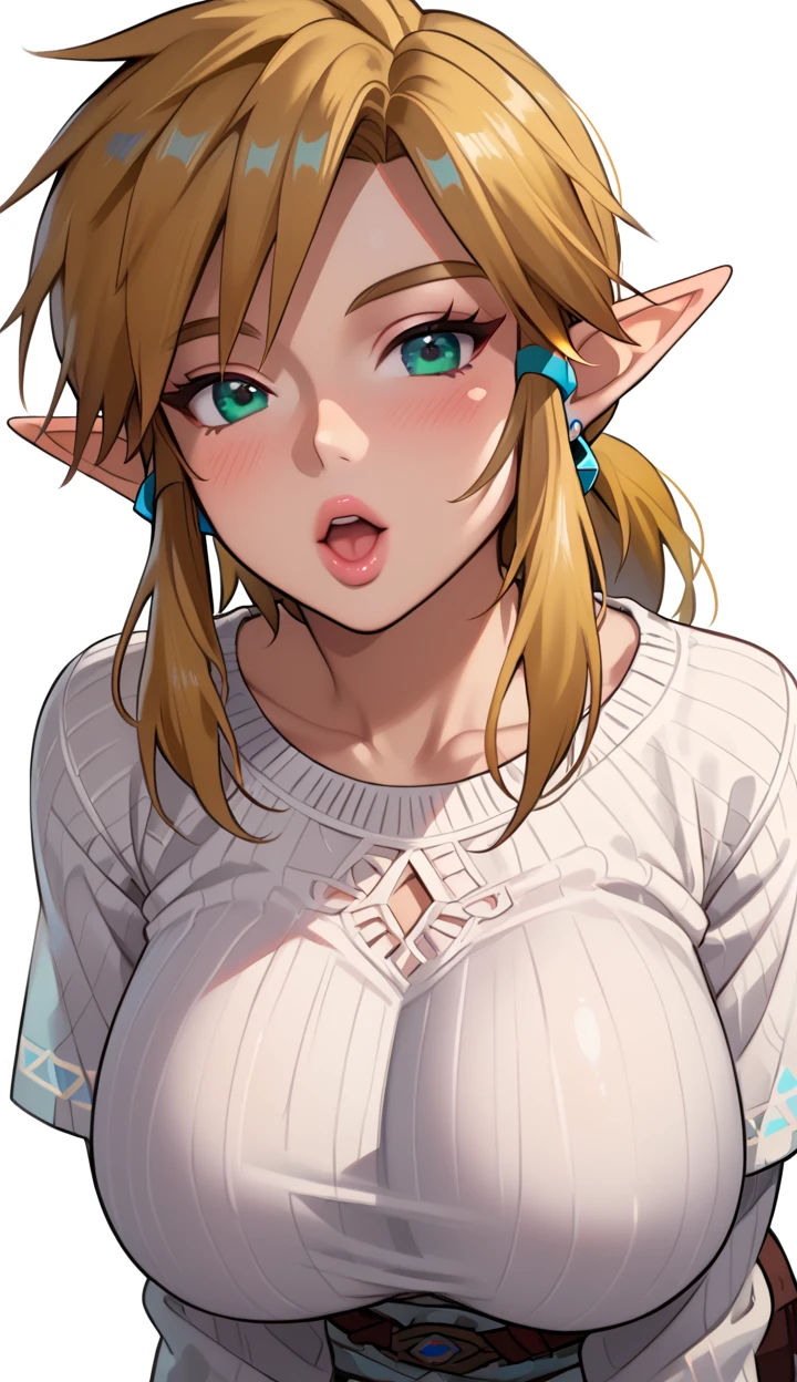 High resolution, Very detailed, perfect lighting, beautiful detailed eyes, ((masterpiece,Best Quality)), absurdities, alone, princess zelda, by the width, crown braid, Hair clip, pointy ears, Elegant black shiny slim fit evening dress, Gloves without fingers, black gloves, smile, curves, deep neckline, deep neckline, Elegant black shiny slim fit evening dress, Primer plano frontal, close up, close up, bare breasts, bare breasts, visible nipples, visible nipples, facing the camera, facing the camera, grabbing her breasts in a sexy way, grabbing her breasts in a sexy way, Close up, Close up