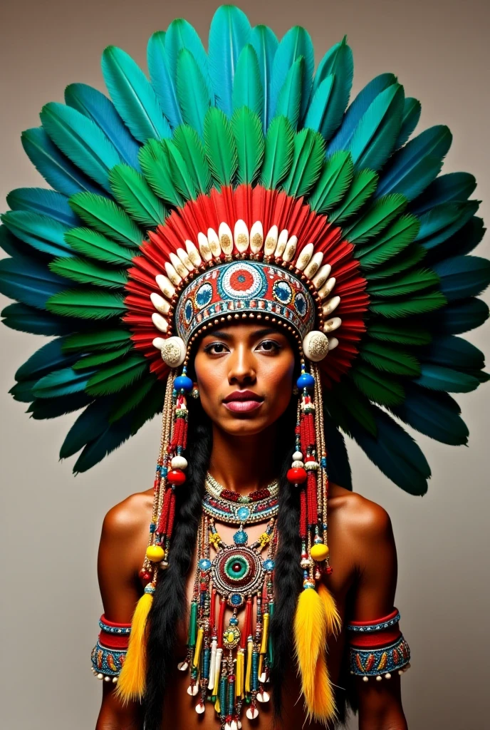 very beautiful brazilian india wearing a colorful headdress, com um corpo extremamente lindo, lavando roupa na fonte