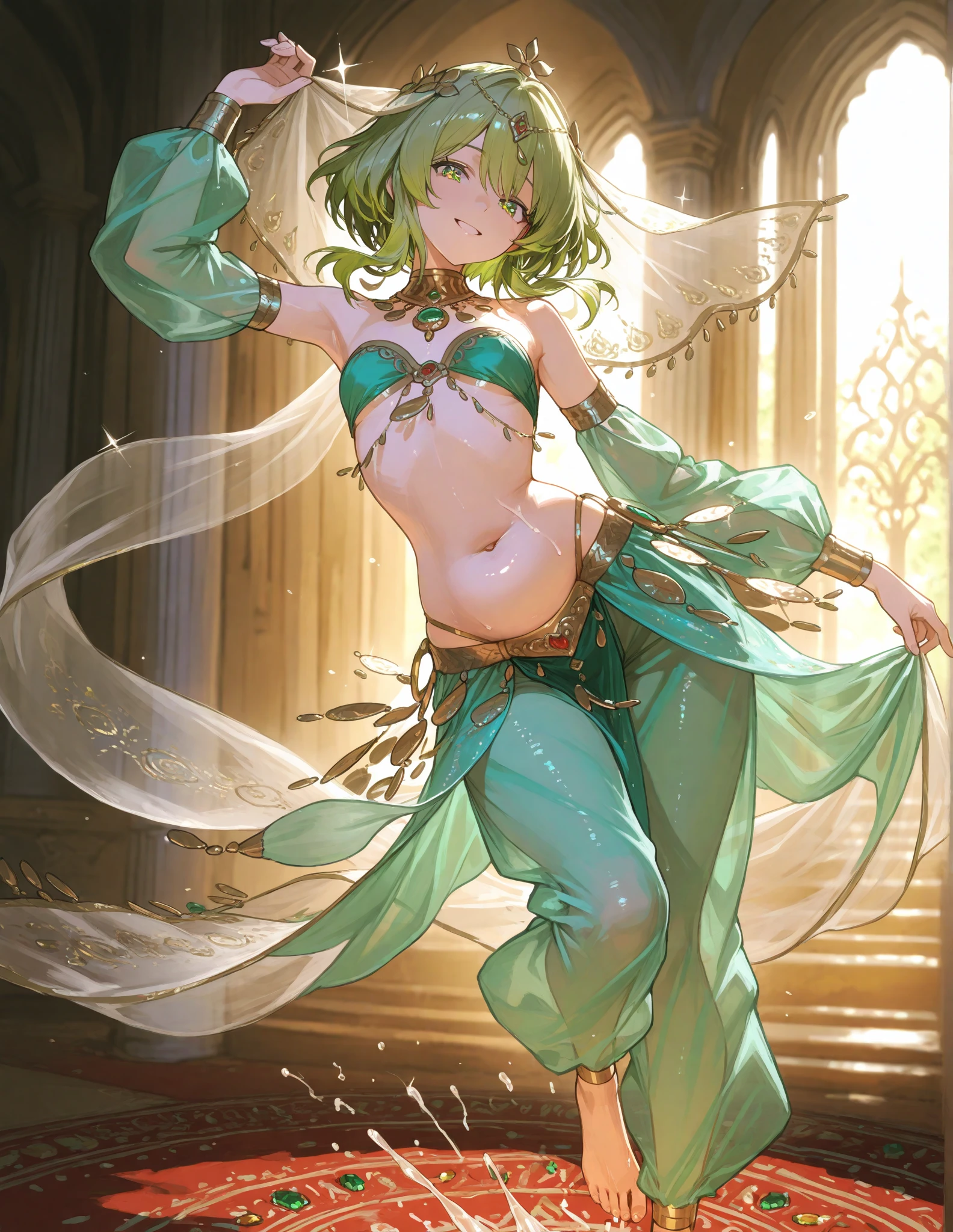 masterpiece, highest quality, so beautiful、up to date、girl, Orange Hair, short hair, Golden Eyes, A defiant smile、Asian Fantasy Costume、Bollywood、Bold Pose、Open your hands、dance、Decoration、Green clothes、Gorgeous and luxurious、intense dance、Chic Green、Put your finger on the body