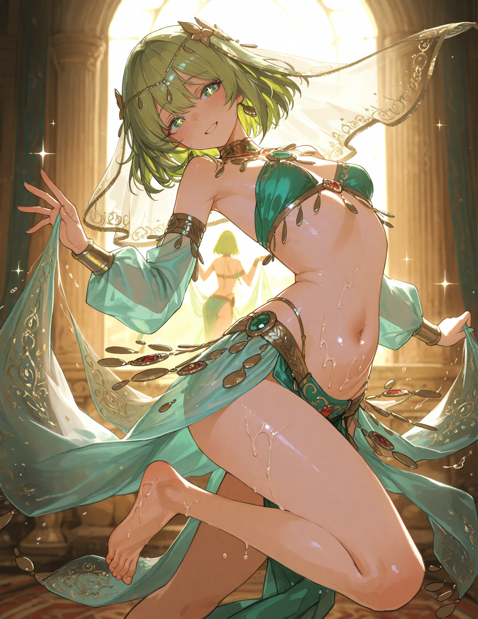 Girl with short green hair, Small breasts, Green Eyes, White Casual Wear Beauty Special、((((tits)))),Full body photo from head to toe、(Belly dance)、Dancer、National costume、See-through、Angle Shot、Decoration、Luxury accessories、Dancing by rotating on one foot、(Face Veil)、Graceful dance、Captivating gestures、Elegant、