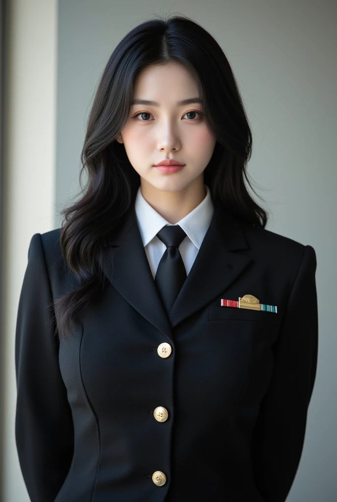 sonyoonjoo, 1girl, solo, black hair, realistic,uniform, standing,office