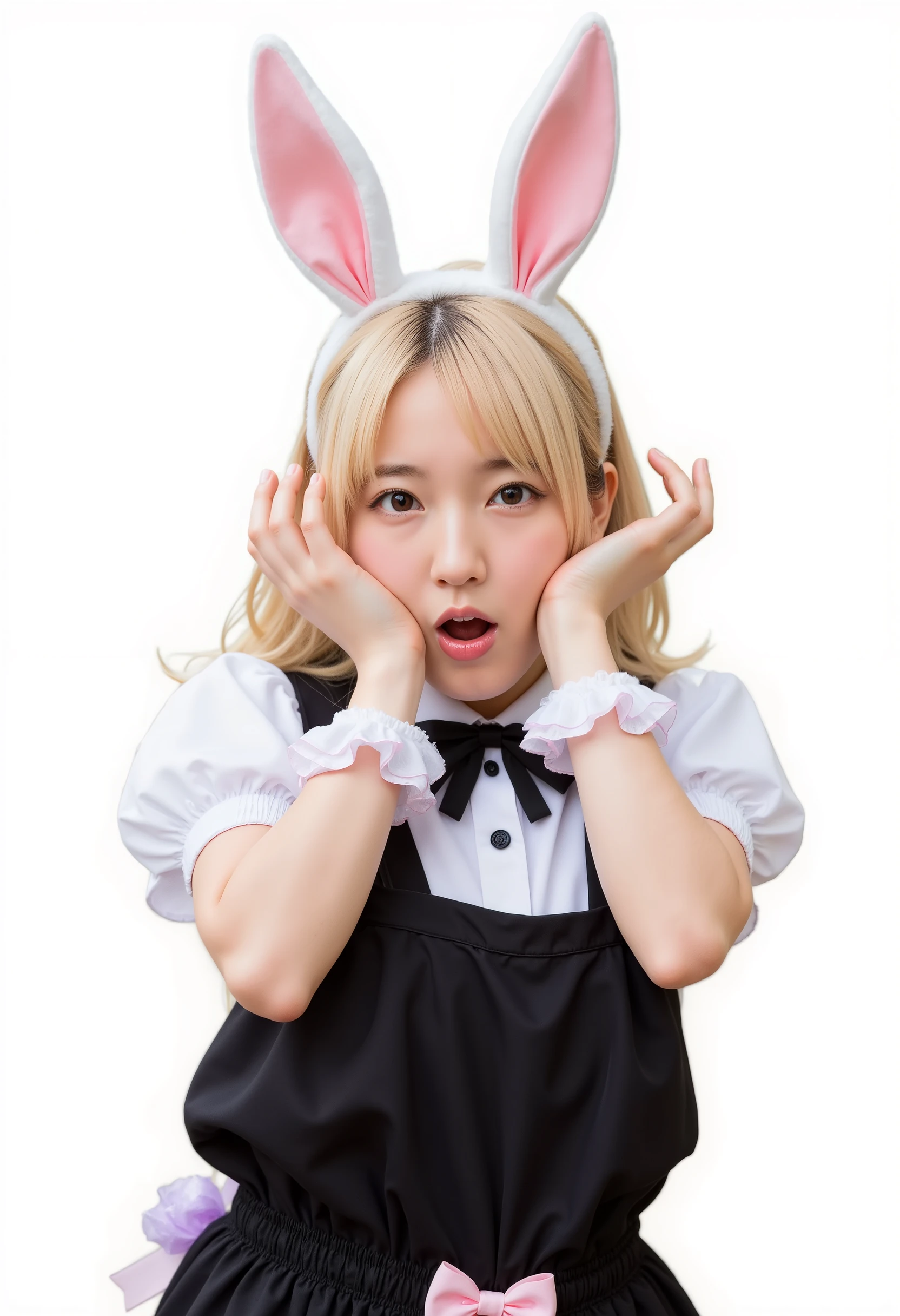 1girl,
cowboy shot, solo, black dress, animal ears, black bowtie, long hair, detached collar, purple ribbon, black bow, bowtie, blush, center frills, fake animal ears, bow, :o, standing, rabbit ears, purple eyes, looking at viewer, hairband, very long hair, blonde hair, frills, short sleeves, puffy short sleeves, dress, open mouth, ribbon, wrist cuffs, puffy sleeves, shirt, rabbit pose, frilled sleeves, white shirt, black hairband,
she is wearing a purple dress with a white collar and a pink bow on the waist. her hair is styled in two large bunny ears on top of her head. she has a surprised expression on her face and her hands are raised above her head, as if she is making a silly face. the background is white.
score_9, score_8_up, score_7_up,