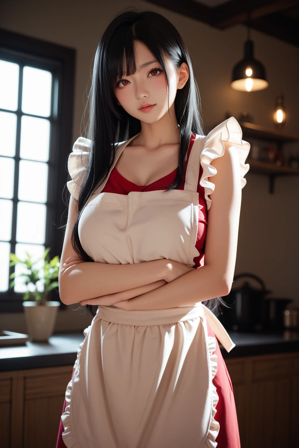 (dynamic angle:1.3, front view:1.1, breast focus:1.3, from above:1.1), (dynamic posing:1.2, sexy posing:1.2), (seductive smiling:1.3), ((looking at cake,Taking a cake out of the golden oven, worried about the outcome:1.2)),highest quality、(real、photorealistic:1.4),(ultra high resolution, 8K RAW photo, clear focus), best qualtiy, natural lighting, field depth, (Bright pupils, detailed beautiful eyes, high detailed face), Red lip, (tight focus:1.2), a girl 22yo old, Wearing a pastry chef uniform:1.3 , Thicc, thin breast, long hair, blue eyes,a pastry pretty girl:1.1, (highly detailed beautiful face and eyes,small breasts),real skin,((black,hair,long pony tail hair)),thin pubic hair,cute,lovely, detailed eyes,(double breasted:1.0,under bust:1.0),(with sparkling eyes and a contagious smile),open mouth, Looking at Viewer,A scene of cooking in the kitchen with the oven made by goldden
