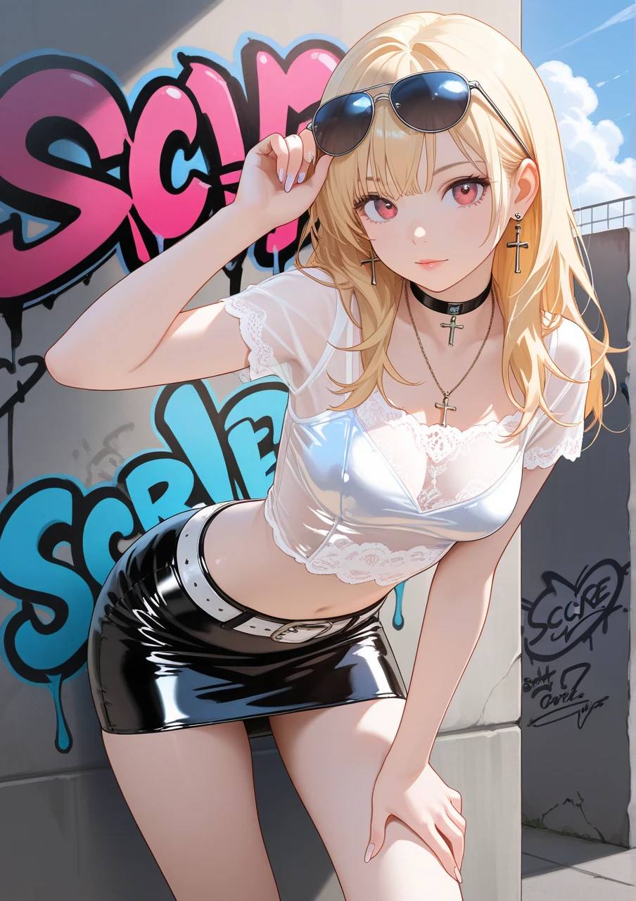 masterpiece, best quality, mature woman, blonde hair, sharp eyes, curvy body, dirty alley, sitting on the floor, bra, thong, besides dumpster, above view, front view, tongue out, hand on thighs, hopeless eyes, despair eyes, slave tattoo, syringe, junkie, tattoos, eye bags, tired, eye shadow, excessive drooling, spreading legs